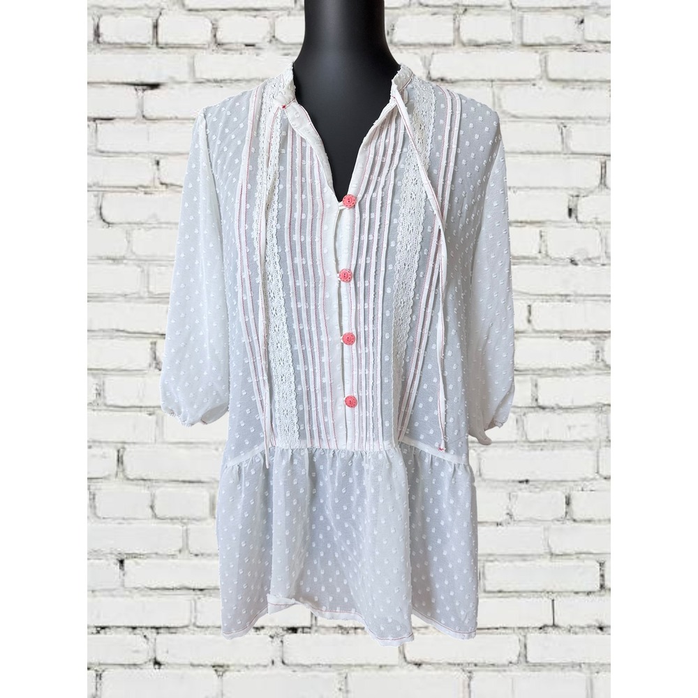 Matilda Jane Swiss Dot Womens Size M White Red Trim Boho Blouse